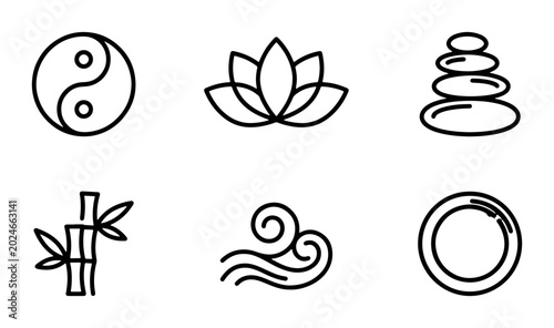 Photography Zen Icons Set: Yin Yang, Lotus Flower, Stacked Stones, Bamboo, Water Swirl, Circle