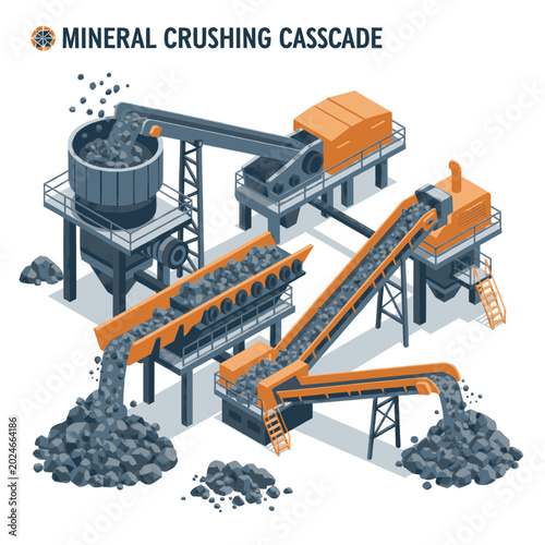 Bild auf Leinwand Industrial mineral crushing cascade with conveyor belts and piles of crushed rock