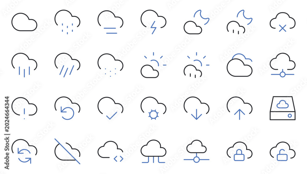 Fototapeta premium Weather and Cloud Computing Line Icons Set Editable Stroke Vector Illustration.
