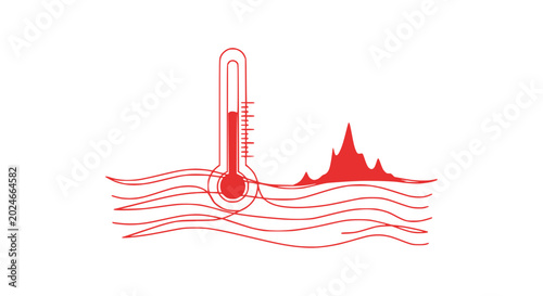 Foto Thermometer in water with rising heat waves and mountain icon, representing global warming concept