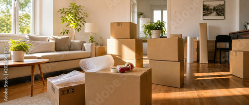  Caixas de mudança em uma casa nova. Conceito de mercado imobiliário, compra de imóvel, aluguel e transição de vida.