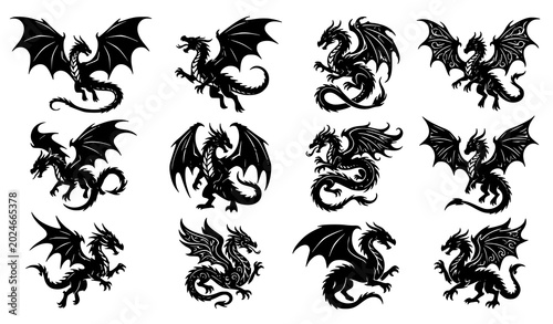 Konstfotografi Epic Fantasy Dragon Silhouette Vector Set Featuring Battle Ready Mythical Creatu