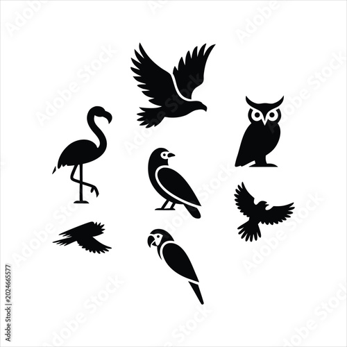 Tableau sur toile Black silhouettes of various birds on white background