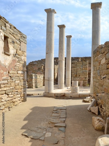 Ruins of the Ancient Greek Island of Delos. An  important mythological and archaeological site in Greece, famously known in legend as the birthplace of the twin gods Apollo and Artemis