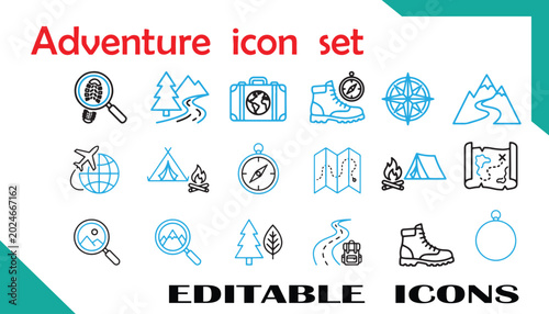 Foto Adventure and exploration icons set vector illustration with magnifying glass ou