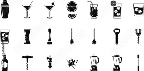 Bild auf Leinwand Black bartending icon collection, cocktail shakers, glasses, citrus slices, bar
