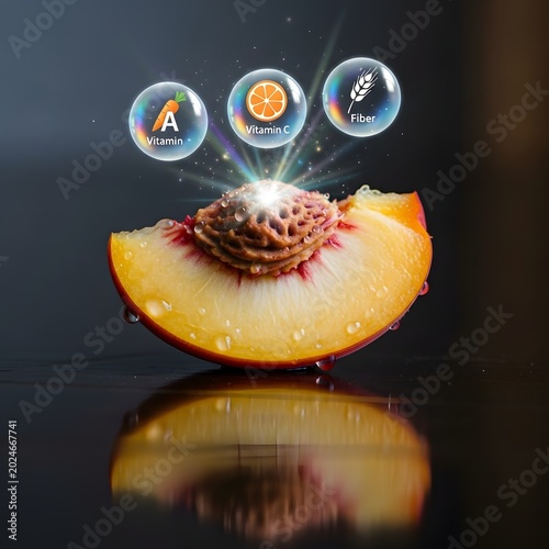 Sliced peach with vitamin capsules and health icons hologram on dark reflective surface for nutrition wellness concept