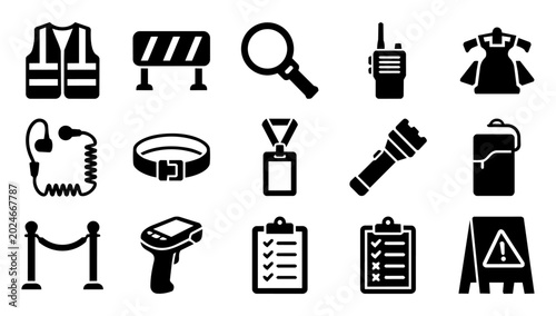 Quadro su tela Security Personnel Equipment and Access Control Silhouette Icons Set