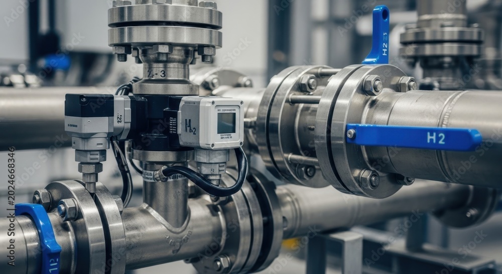 Obraz premium Close-up view of an industrial pipeline system with a flow meter and valve assembly