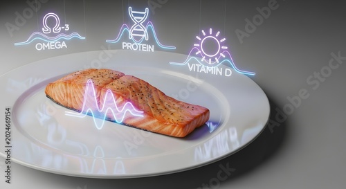 Grilled salmon fillet with omega 3, protein, and vitamin D icons on white plate, 3D nutrition concept for healthy diet and wellness