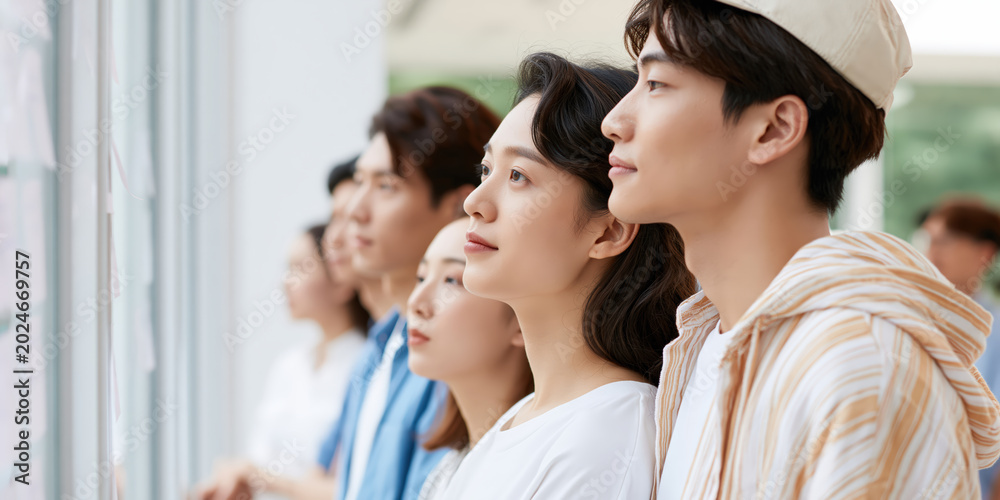 Naklejka premium Group of Young Adults Observing Art Display in Modern Gallery Setting