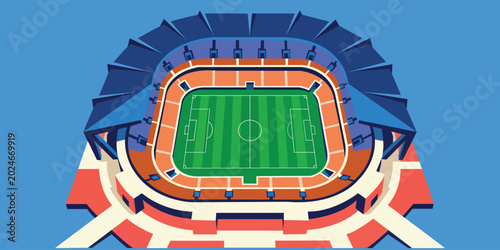 Bild auf Leinwand A vibrant isometric vector illustration of a modern football stadium with a green pitch, orange seating tiers, and blue roof structures on a blue background