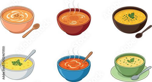 Foto Hot Soup Bowl Vector Illustration Set with Creamy Vegetable Soups, Steaming Home