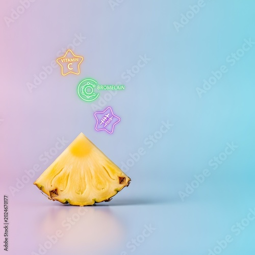 Fresh pineapple slice with organic eco-friendly vegan labels and sustainable certification stickers on pastel background