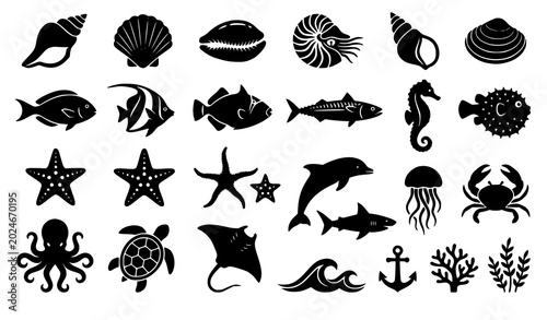 Foto Oceanic marine life silhouette icons set