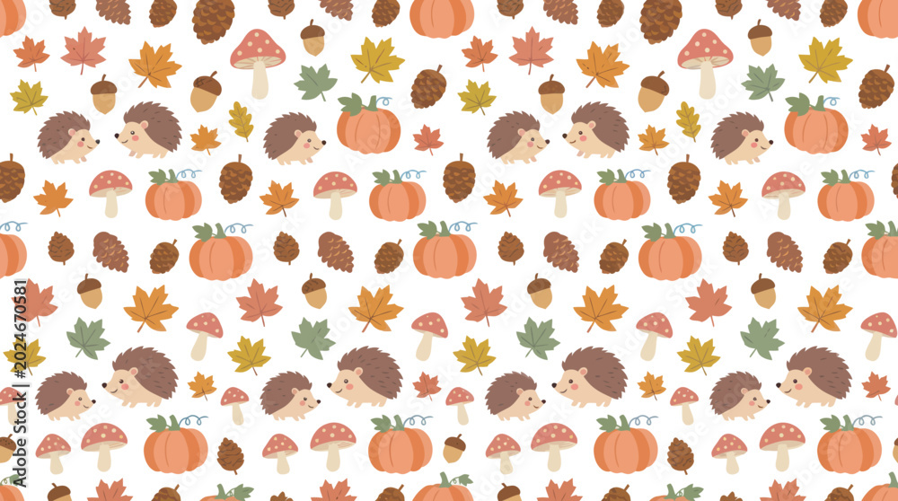 Fototapeta premium Cute Autumn Pattern with Hedgehogs, Pumpkins, Mushrooms, Leaves, and Acorns Flat Art