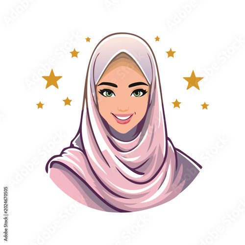 Bild auf Leinwand Smiling Muslim Woman Wearing Pink Hi jab logo design.