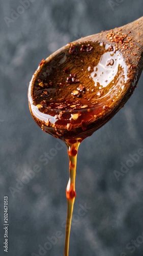 Macro close up of thick spicy chili sauce dripping from a wooden spoon against a dark background. Cooking ingredient, gourmet food and spicy sauce concept.