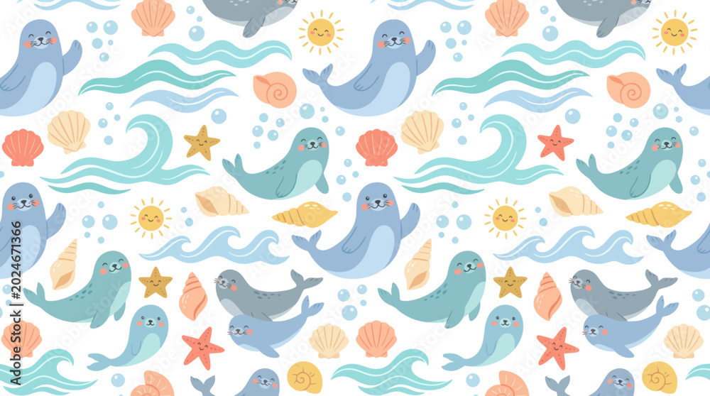 Naklejka premium Cute Seals and Ocean Waves Seamless Pattern - Flat Cartoon Art