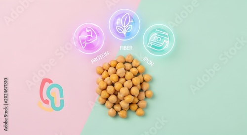 Golden soybeans spilling from colorful eco-friendly circular badges on pastel gradient background for sustainability and organic food concept
