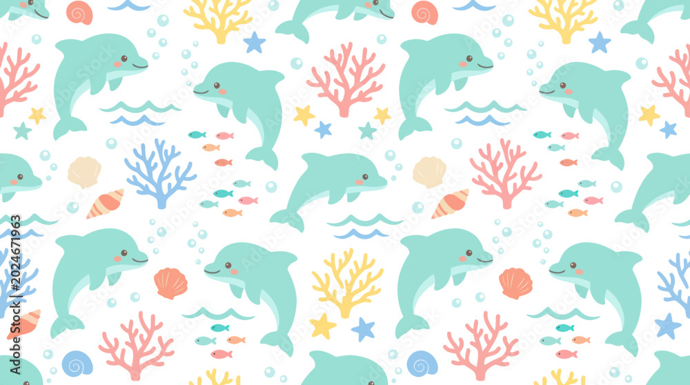 Fototapeta premium Cute Dolphin Underwater Pattern, Flat Style, Ocean Life Illustration