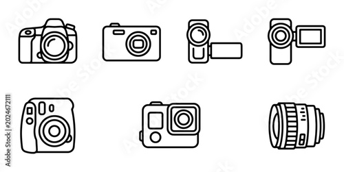Foto Camera Icons Set: DSLR, Digital, Camcorder, Action Cam, Lens, Vintage Camera, Ve