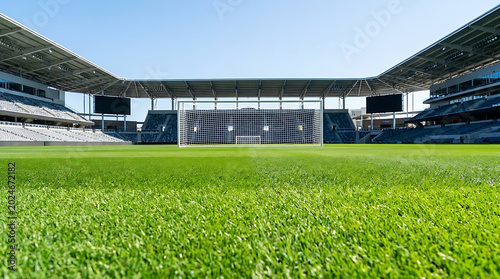 Empty soccer stadium with green grass pitch and goal post under blue sky