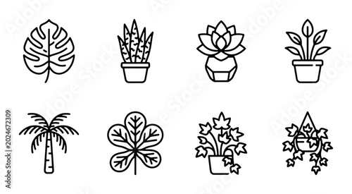 Tableau sur toile Set of 8 Line Art Potted Houseplants and Tropical Leaves, Vector Icons for Home