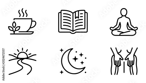 Tableau sur toile Wellness Icons Set: Yoga, Tea, Reading, Nature, Sleep, Massage
