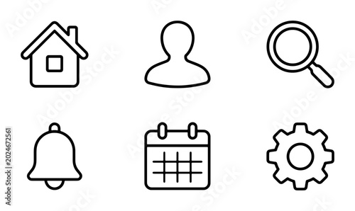 Minimalist Outline Icons Set: Home, User, Search, Bell, Calendar, Gear; Simple Vector Graphics for Web and App UI