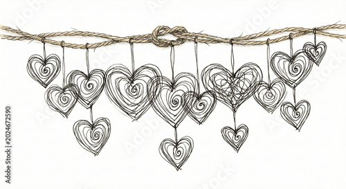 Hand drawn sketch of wire hearts hanging on a knotted rope for romantic wedding decor or Valentines day card