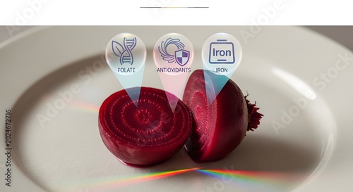Red rose with iron vitamin supplement capsules on white plate with holographic light reflection background