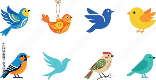 Εκτύπωση καμβά Colorful Bird Illustration Set with Cute Flying Cartoon Birds, Nature Animal Cha
