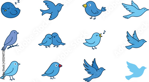 Photos Cute Blue Bird Icon Set with Flying Cartoon Birds, Singing Animal Characters, an