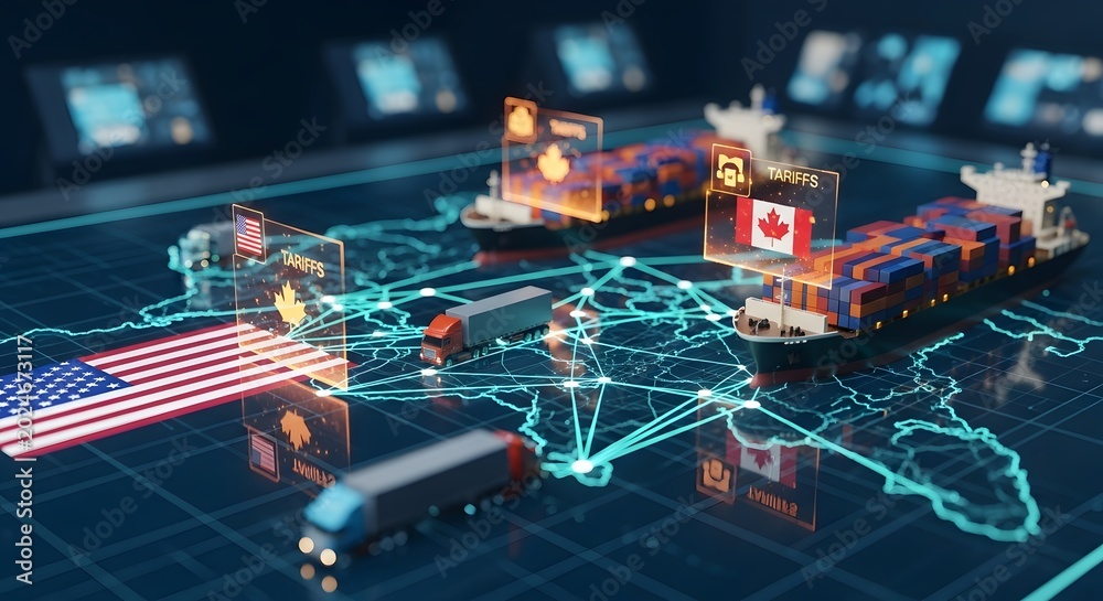 Fototapeta premium Global business network with USA and Canada flags digital data flow futuristic technology glowing blue connections commerce trade innovation