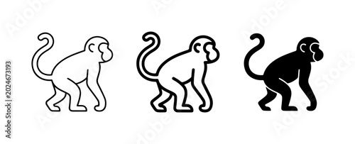 Canvas Print Monkey Icons Set: Simple Line Art, Outline, and Silhouette Vector Graphics for W