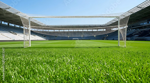 Empty soccer stadium with green grass pitch and goal net in foreground