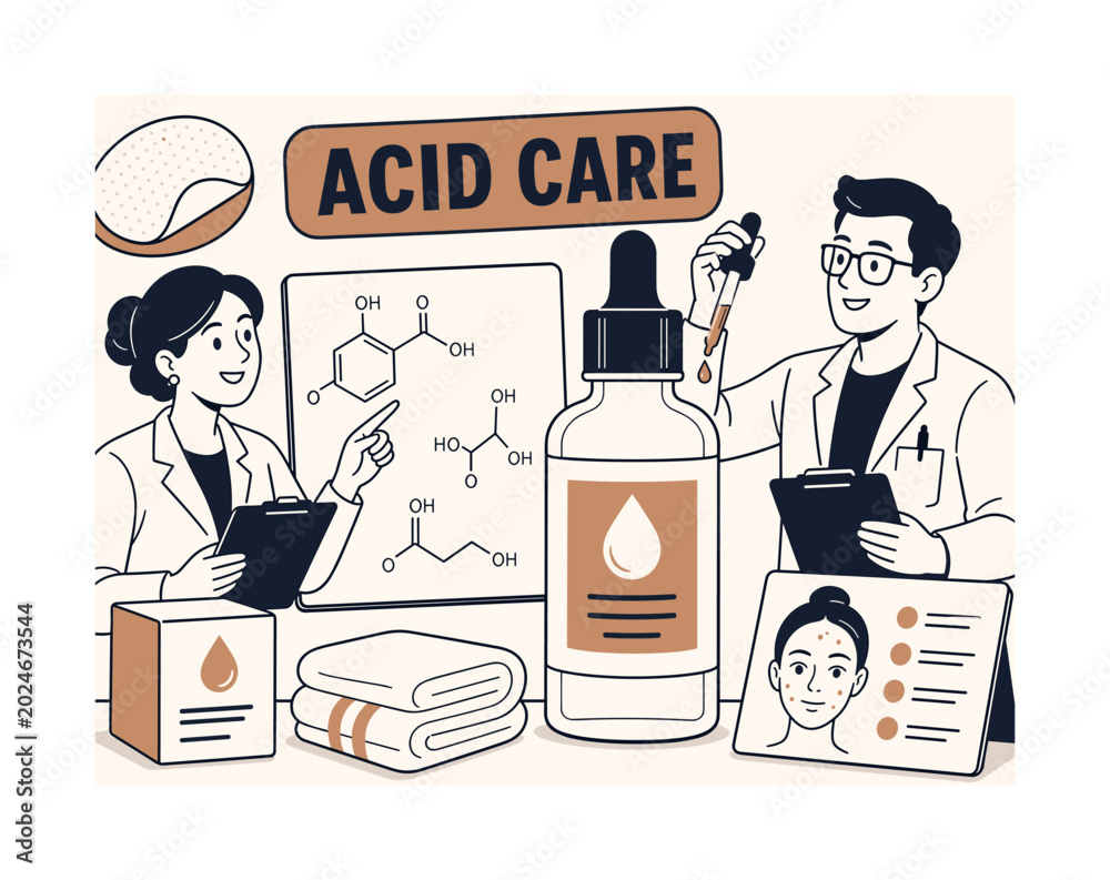 Fototapeta premium Acid Skincare Science Banner scene about acid skincare ingredients, cosmetic chemistry and exfoliation treatment, 2 expressive dermatology specialists working around one oversized serum bottle and one