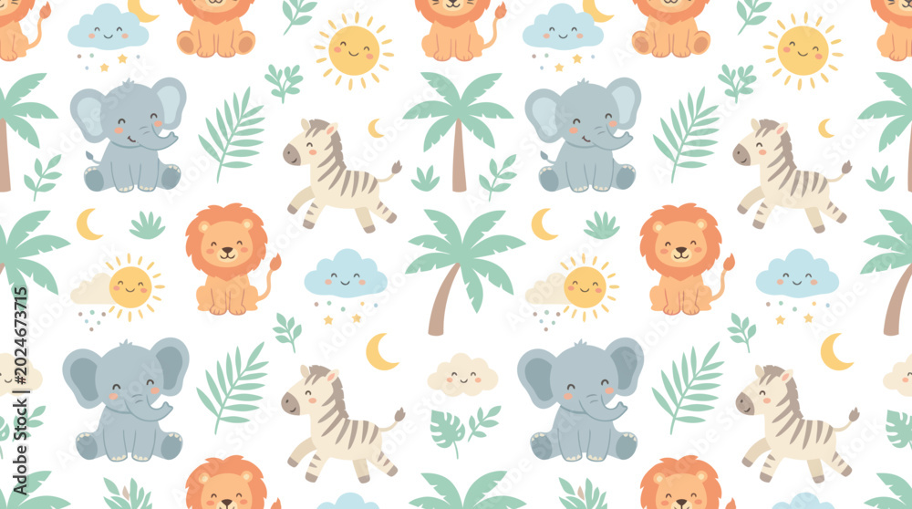 Naklejka premium Cute Cartoon Jungle Animals Seamless Pattern - Elephants, Lions, Zebras