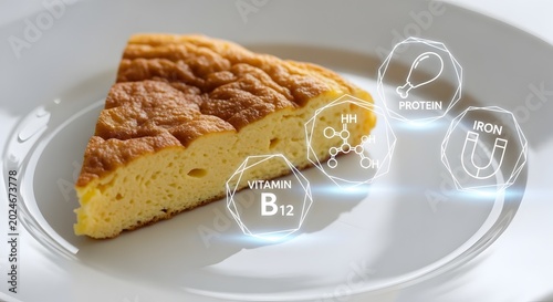Golden baked cake slice with vitamin B12 and iron supplements on white plate healthy nutrition concept
