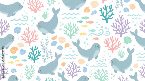 Cute Flat Cartoon Seamless Pattern of Ocean Marine Life with Happy Seals, Colorful Coral, Fish, and Seashells