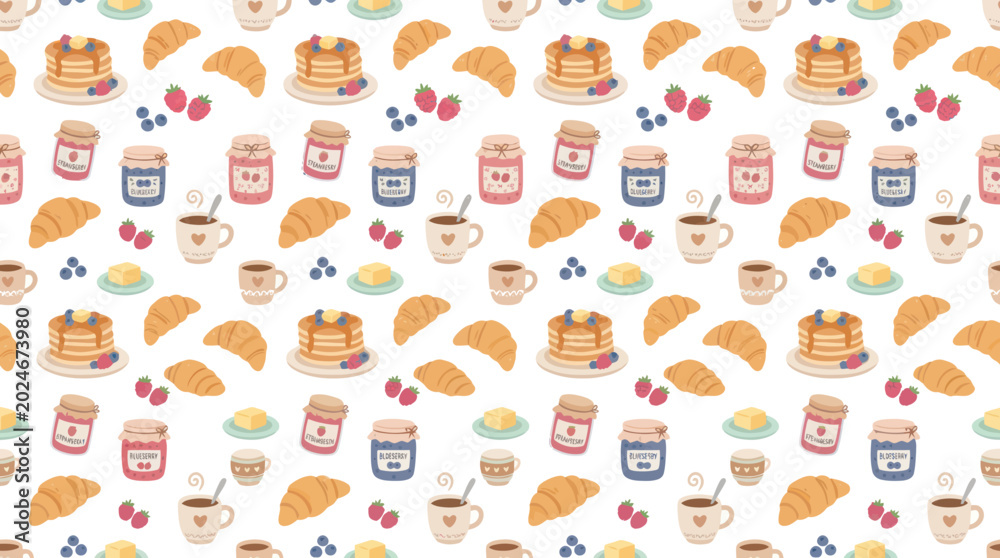 Fototapeta premium Hand-drawn Breakfast Food Seamless Pattern with Cute Flat Vector Illustrations of Pancakes, Croissants, Coffee, and Jam