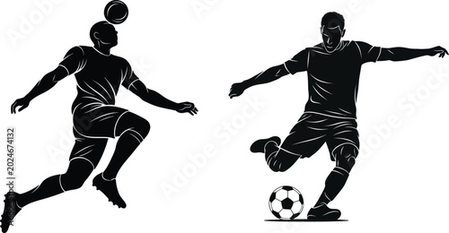 Black silhouettes of two soccer players in action kicking and heading a football ball in a dynamic sports competition