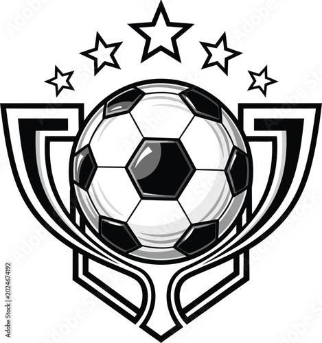 Black and white soccer ball trophy icon with five stars for football championship logo