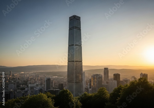 Stunning modern skyscraper towering over a city skyline at sunset