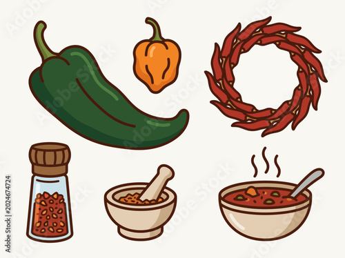 Tablou pe pânză A colorful arrangement of various chili peppers, spices, and a bowl of chili showcases the culinary art of spiciness and flavor, bringing vibrancy and warmth to the food experience