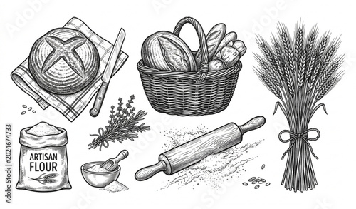 Konstfotografi Elegant Chalkboard Sourdough Bread and Rustic Wheat Engraving Vector