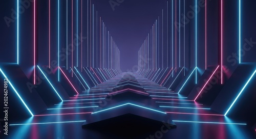 A futuristic architectural landscape featuring glowing neon lines and deep geometric shapes creating a sense of infinite digital progression, glow, fiction, neon