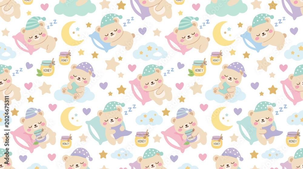 Fototapeta premium Cute Sleeping Bears with Moon and Stars, Whimsical Vector Pattern for Kids