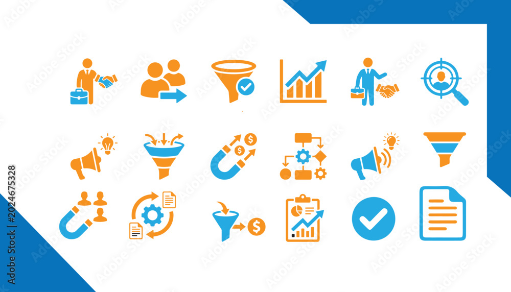 Fototapeta premium Isolated business and marketing icon set with editable design business marketing editable strategy analysis generation conversion magnifying clipboard megaphone handshake collaboration
